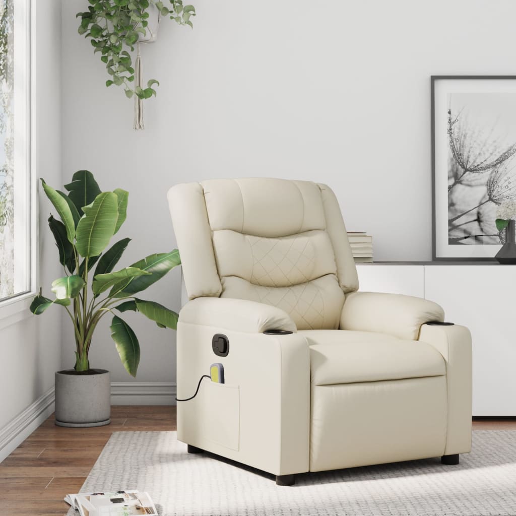 vidaXL Massage Recliner Chair Cream Faux Leather-7