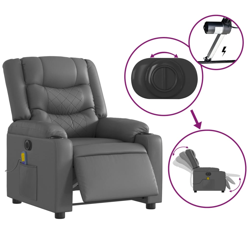 vidaXL Electric Massage Recliner Chair Gray Faux Leather-3