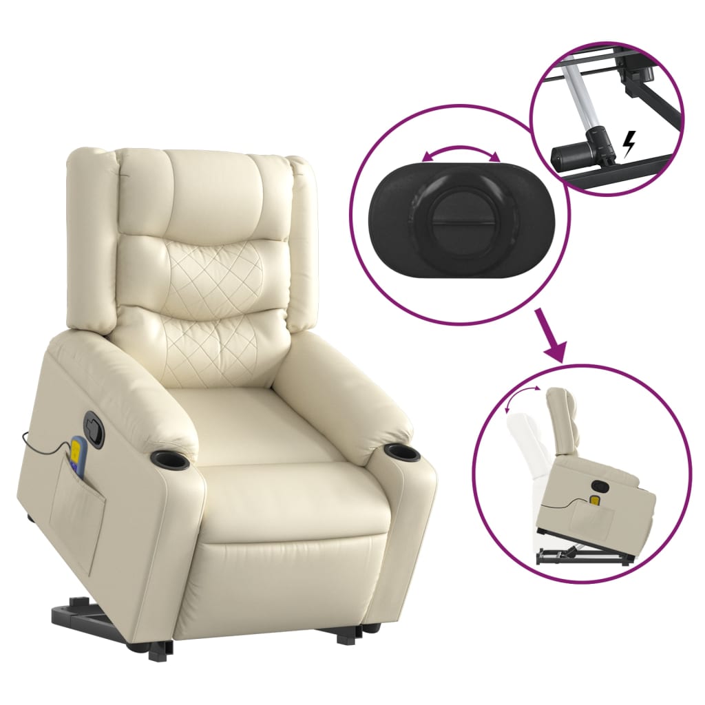 vidaXL Stand up Massage Recliner Chair Cream Faux Leather-3