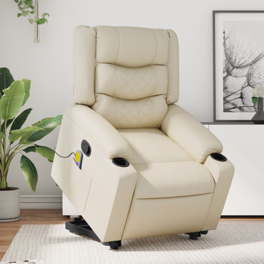 vidaXL Stand up Massage Recliner Chair Cream Faux Leather-0