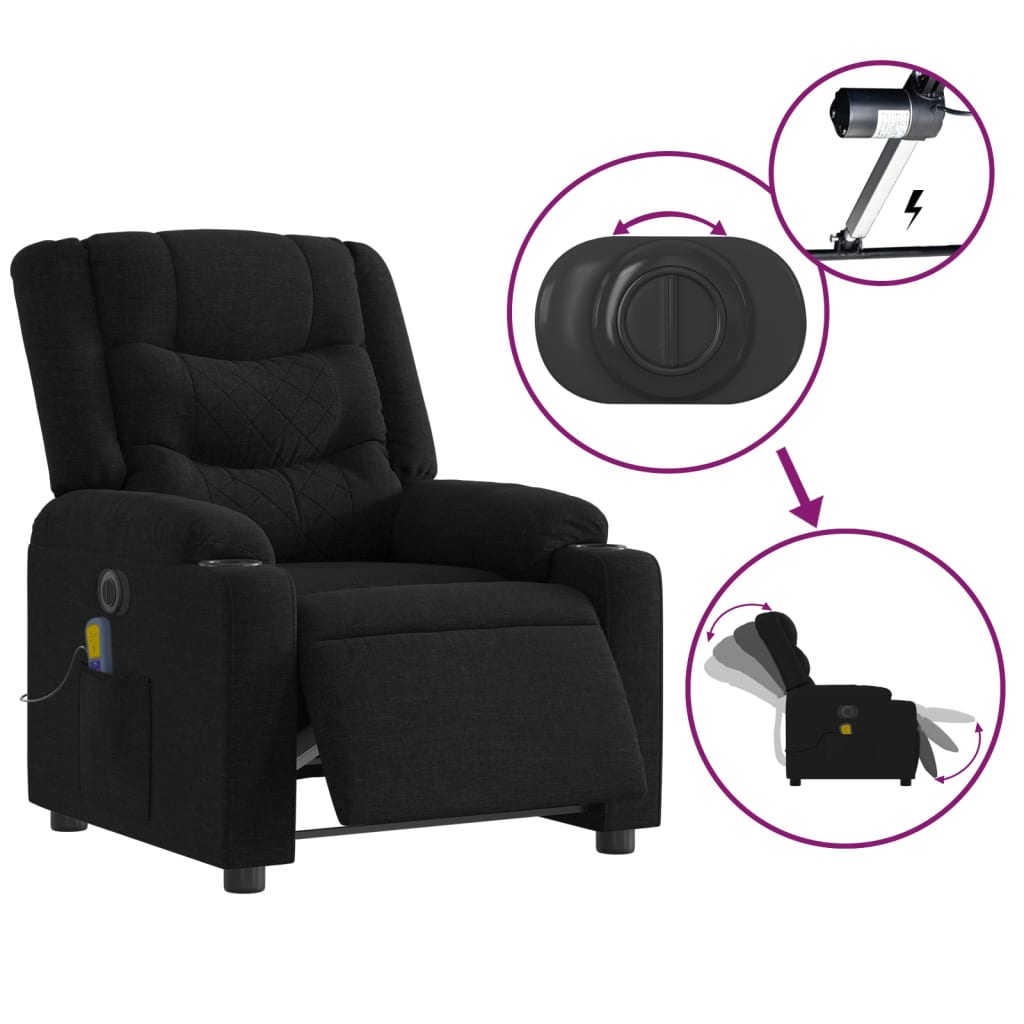 vidaXL Electric Massage Recliner Chair Black Fabric-3