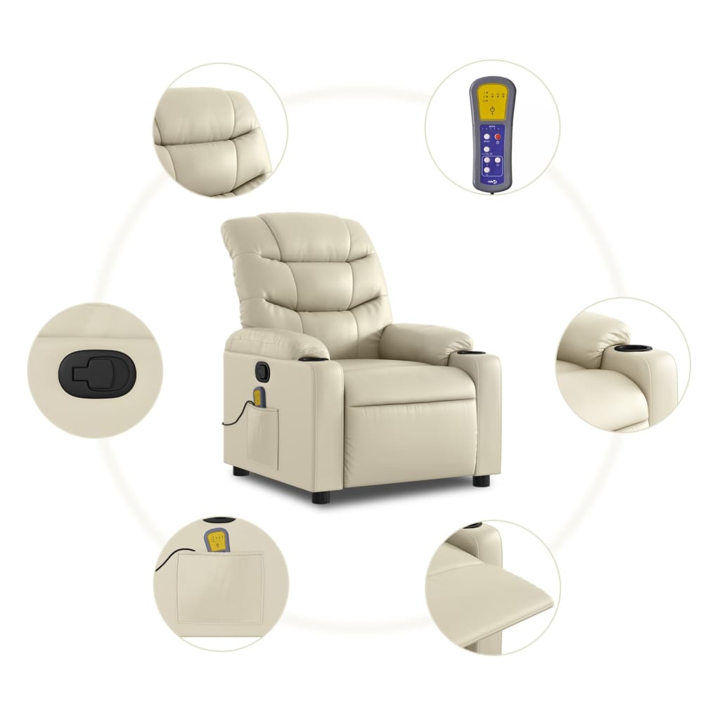 vidaXL Massage Recliner Chair Cream Faux Leather-3