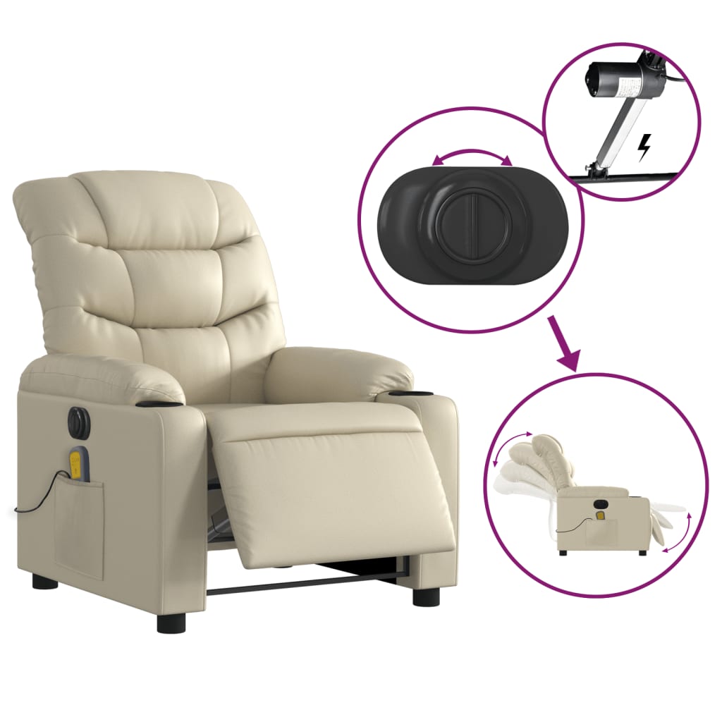 vidaXL Electric Massage Recliner Chair Cream Faux Leather-3