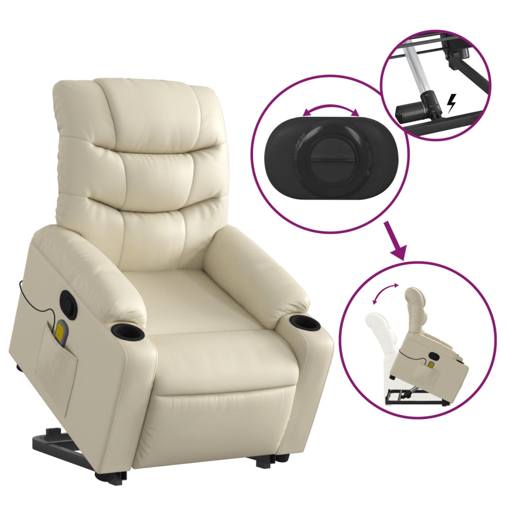 vidaXL Stand up Massage Recliner Chair Cream Faux Leather-3