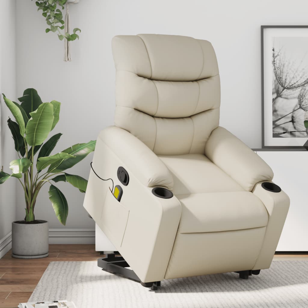 vidaXL Stand up Massage Recliner Chair Cream Faux Leather-0