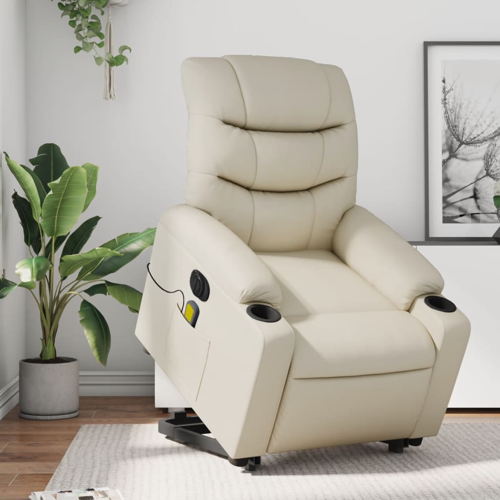 vidaXL Electric Stand up Massage Recliner Chair Cream Faux Leather-0