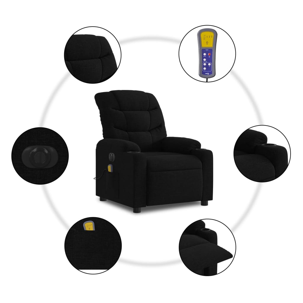 vidaXL Electric Massage Recliner Chair Black Fabric-5