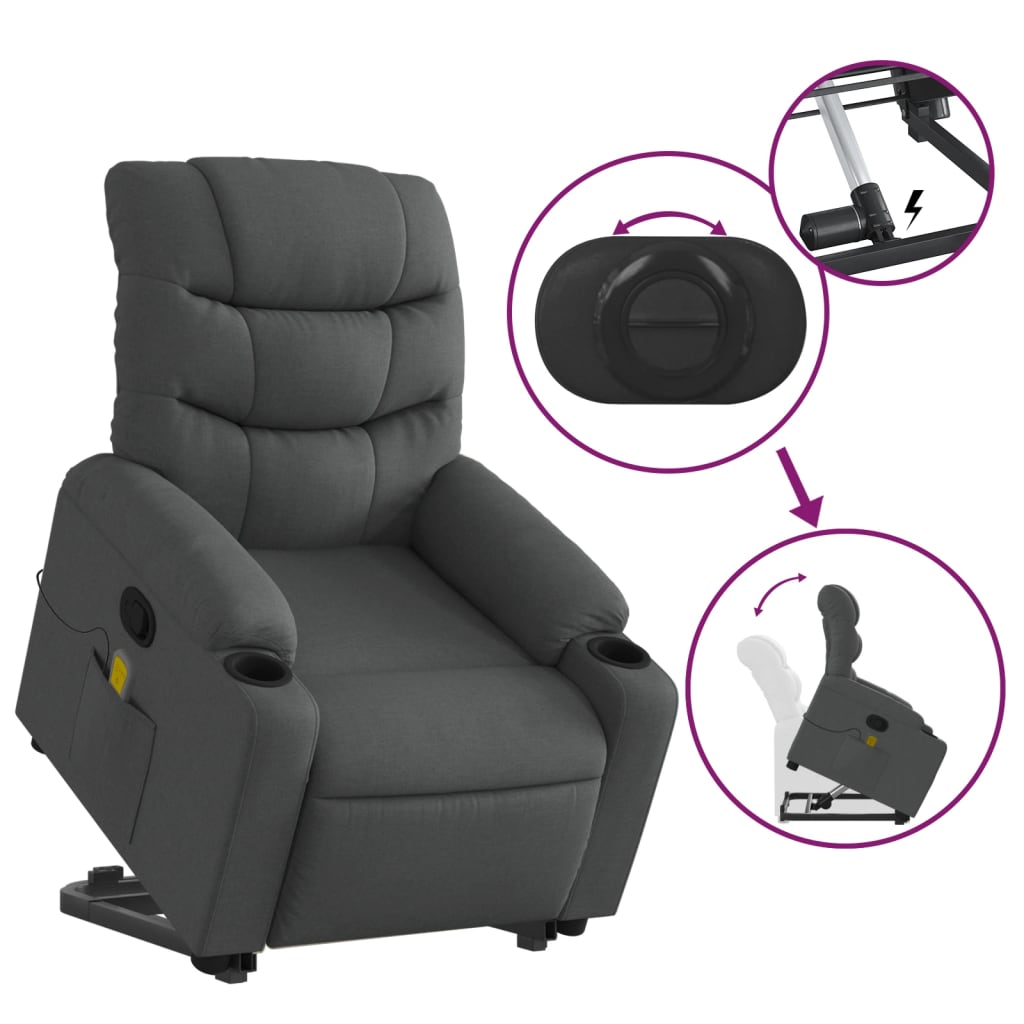 vidaXL Stand up Massage Recliner Chair Dark Gray Fabric-3