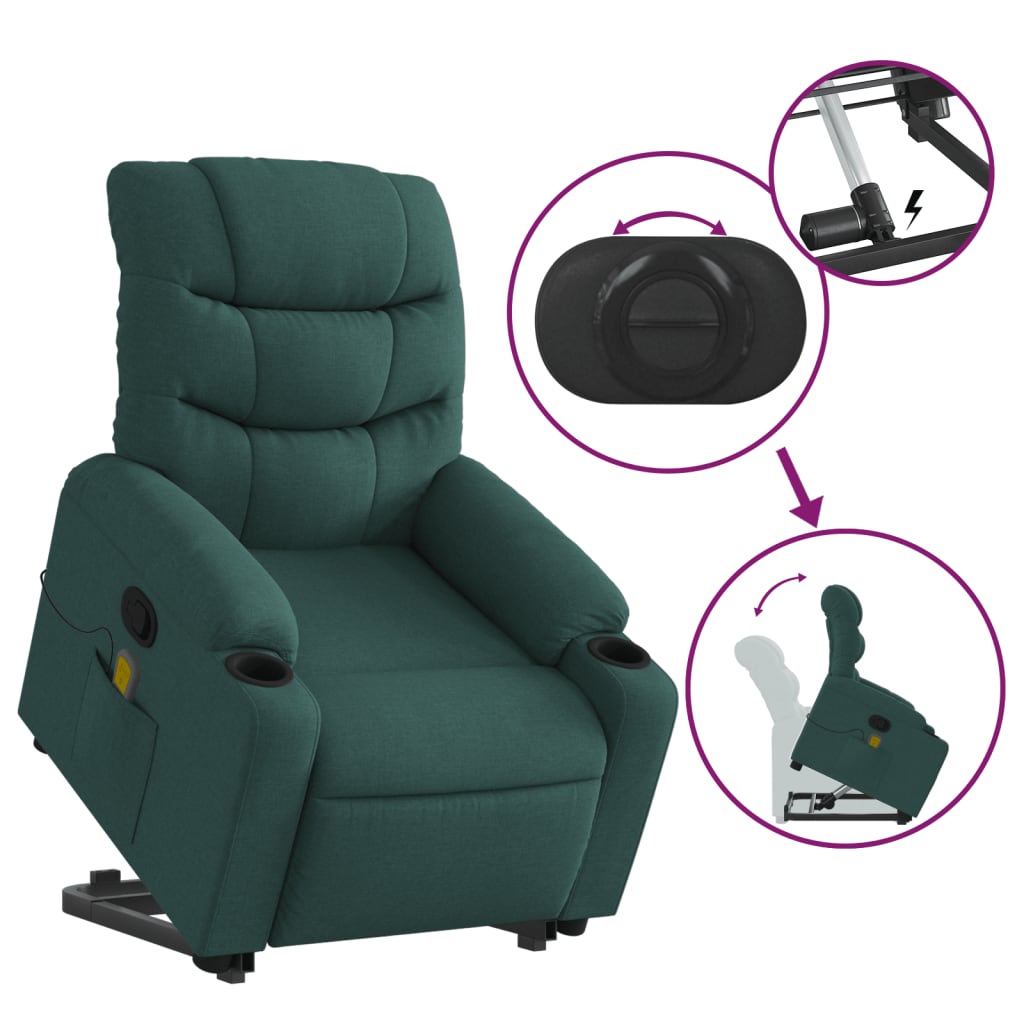 vidaXL Stand up Massage Recliner Chair Dark Green Fabric-3