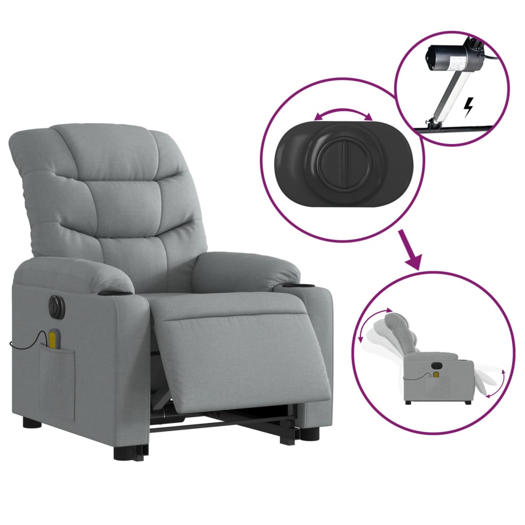 vidaXL Electric Stand up Massage Recliner Chair Light Gray Fabric-3