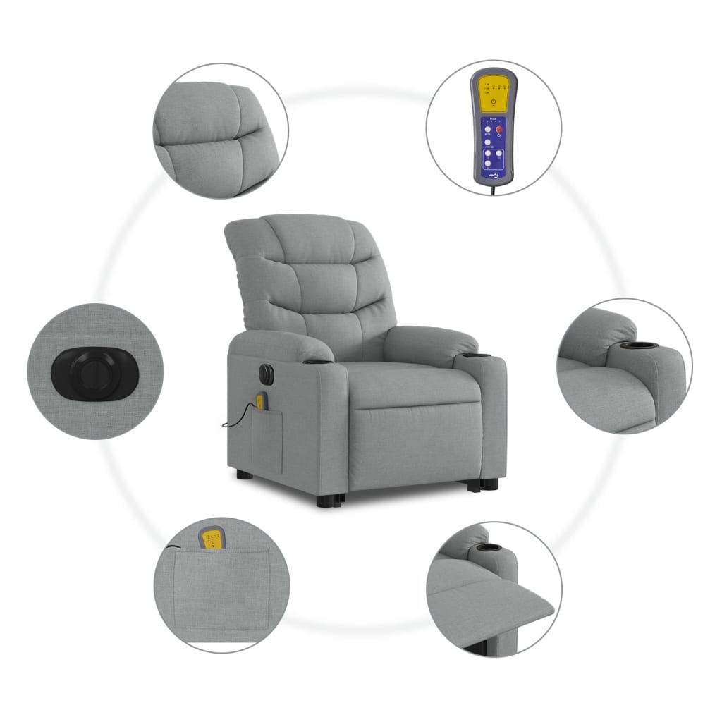 vidaXL Electric Stand up Massage Recliner Chair Light Gray Fabric-5