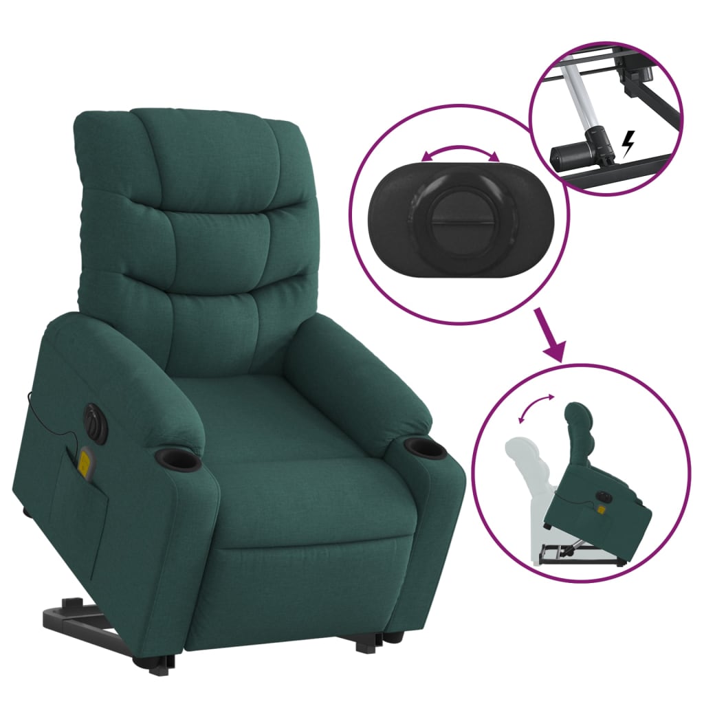 vidaXL Electric Stand up Massage Recliner Chair Dark Green Fabric-5