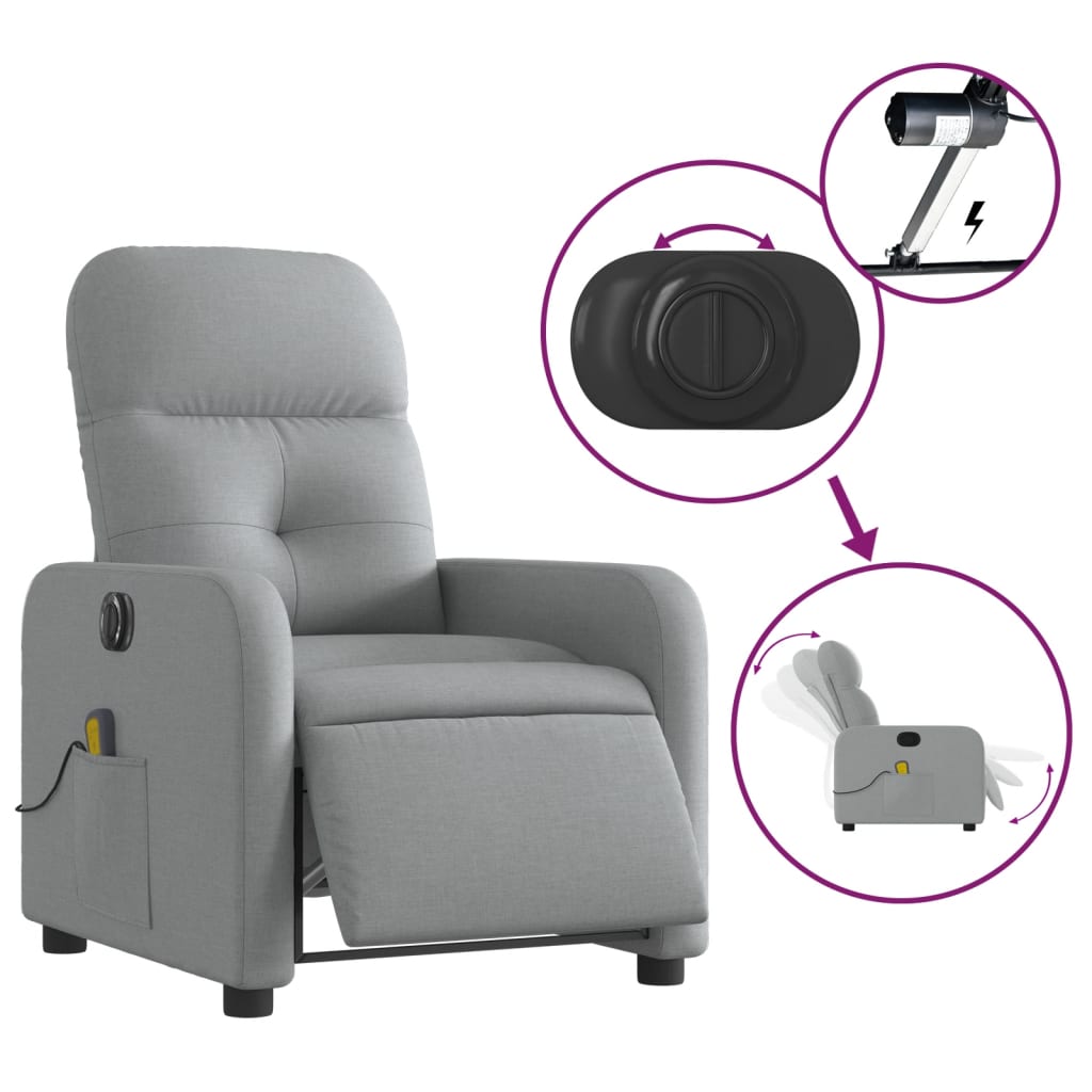 vidaXL Electric Massage Recliner Chair Light Gray Fabric-3