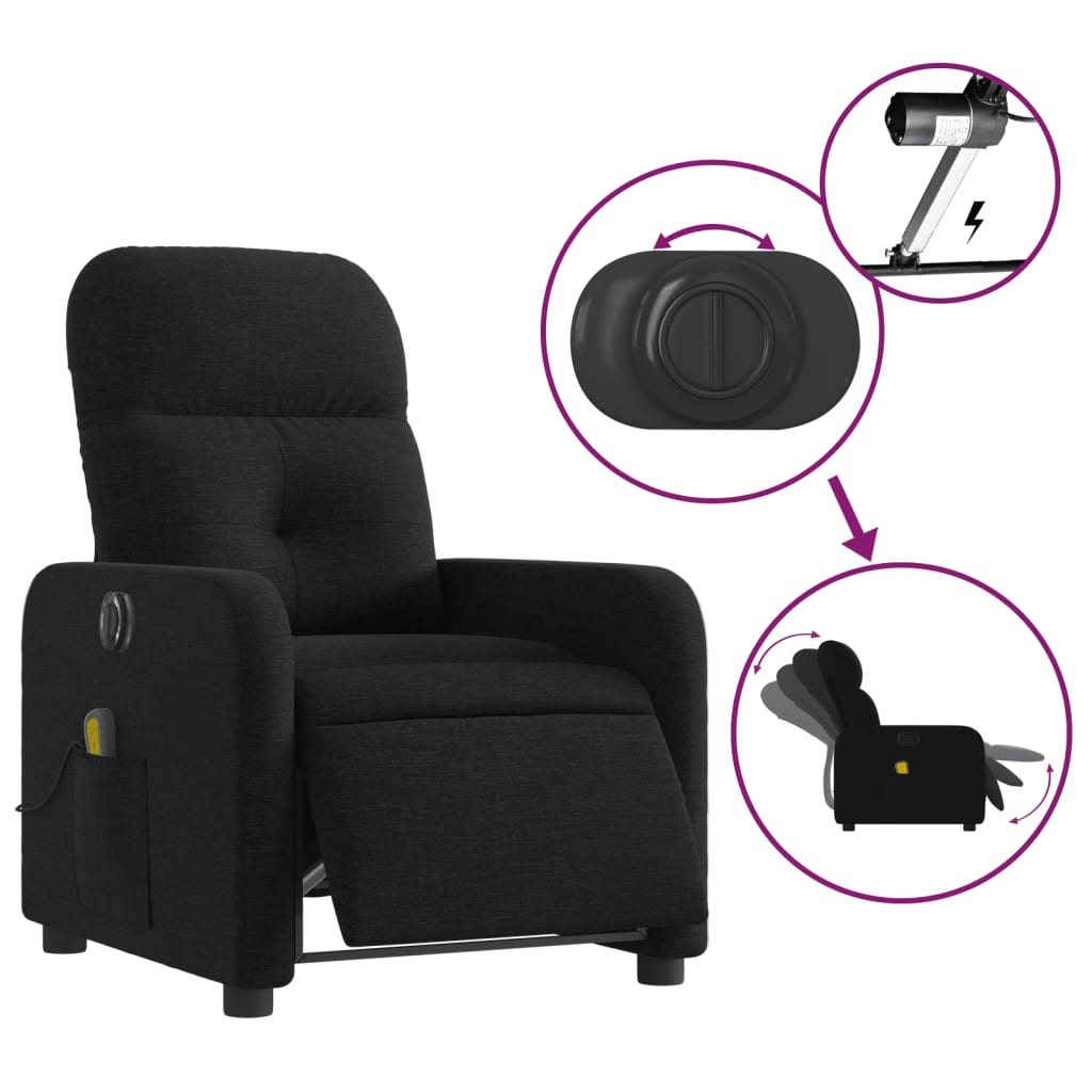 vidaXL Electric Massage Recliner Chair Black Fabric-3