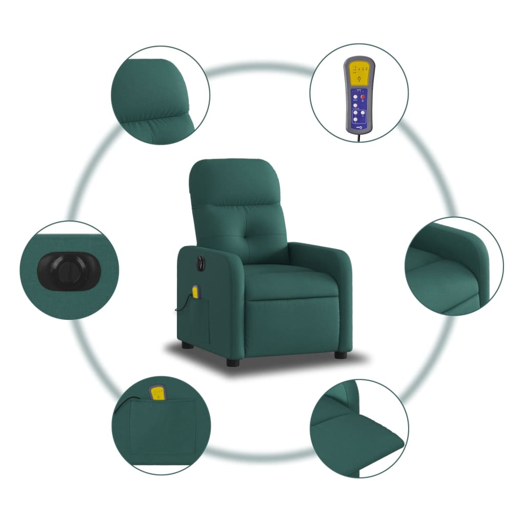 vidaXL Electric Massage Recliner Chair Dark Green Fabric-5