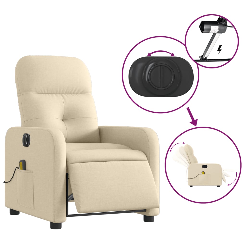 vidaXL Electric Massage Recliner Chair Cream Fabric-3