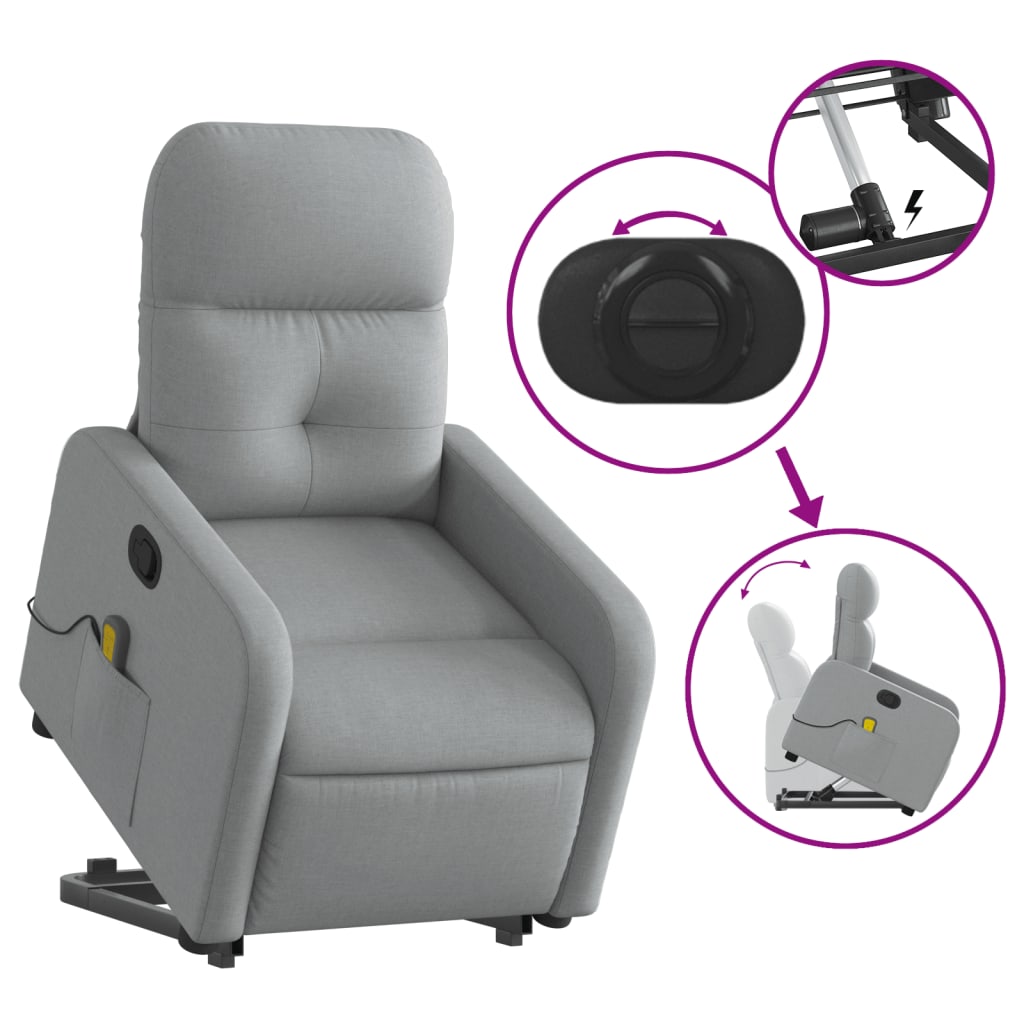 vidaXL Stand up Massage Recliner Chair Light Gray Fabric-3