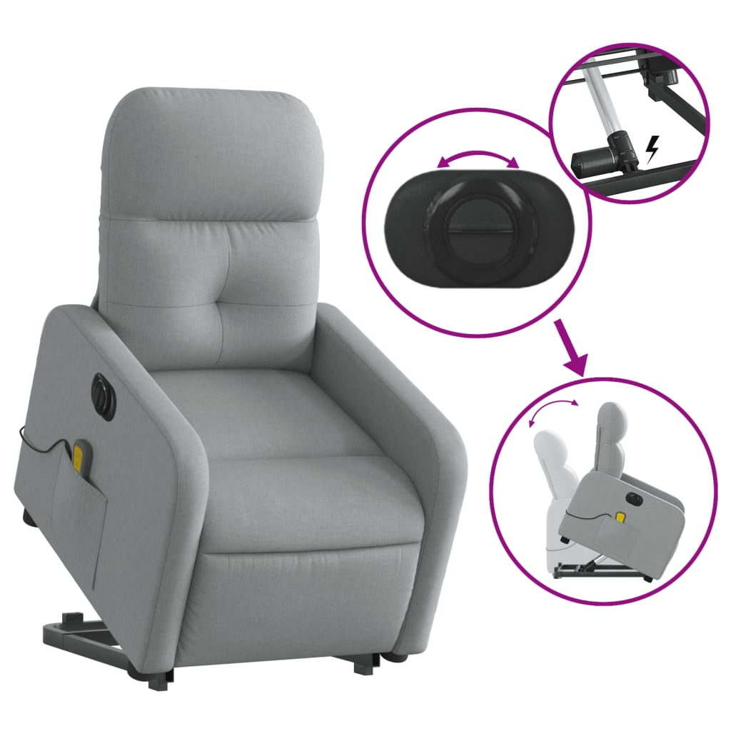 vidaXL Electric Stand up Massage Recliner Chair Light Gray Fabric-7