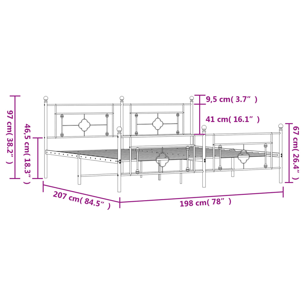 vidaXL Metal Bed Frame with Headboard and Footboard Black 76"x79.9" King-8