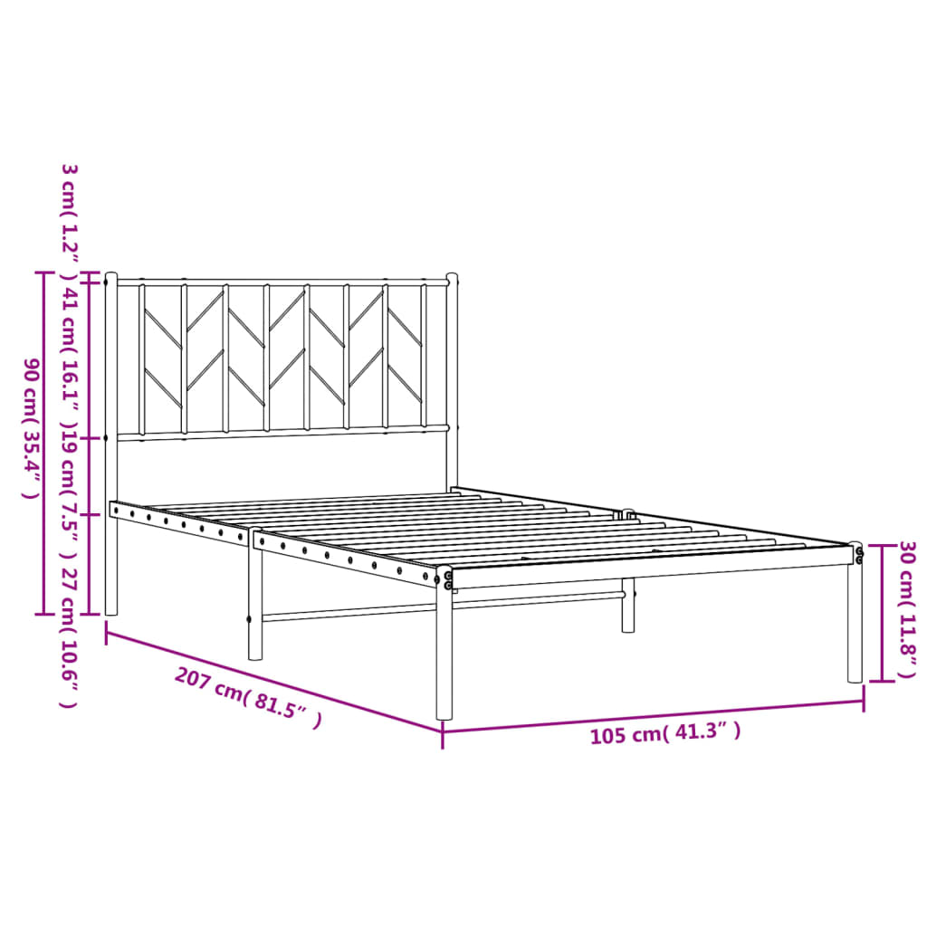 vidaXL Metal Bed Frame with Headboard Black 39.4"x78.7"-7