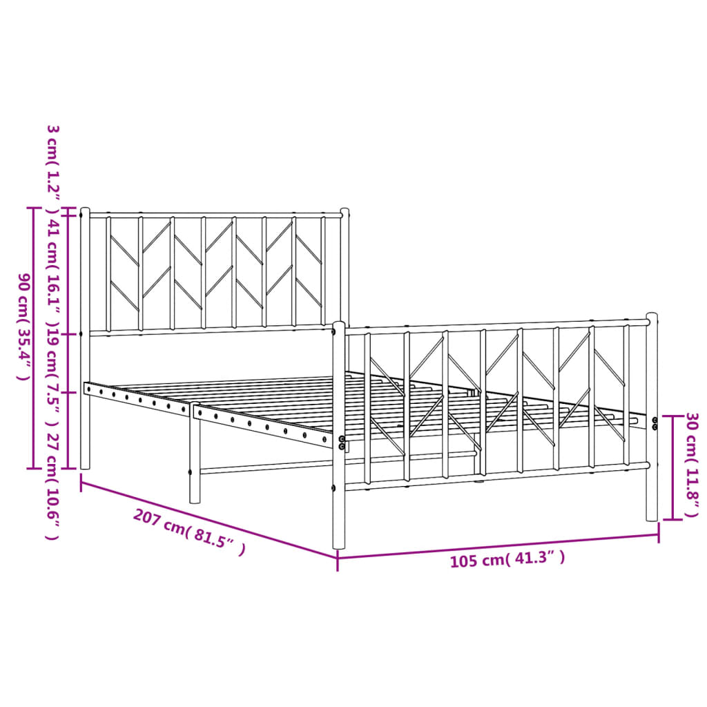 vidaXL Metal Bed Frame with Headboard and Footboard White 39.4"x78.7"-7