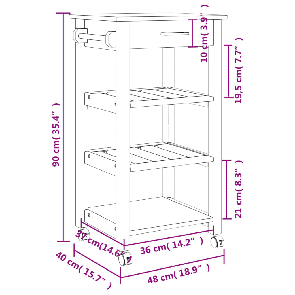 vidaXL Kitchen Trolley MONZA 18.9"x15.7"x35.4" Solid Wood Pine-9