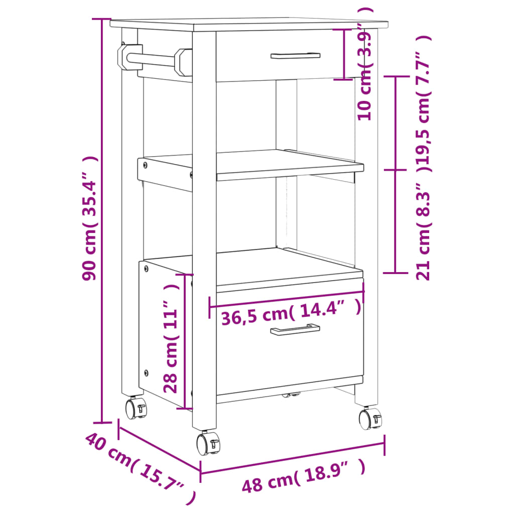 vidaXL Kitchen Trolley Rolling Cart on Wheels Living Room Solid Wood Pine-9