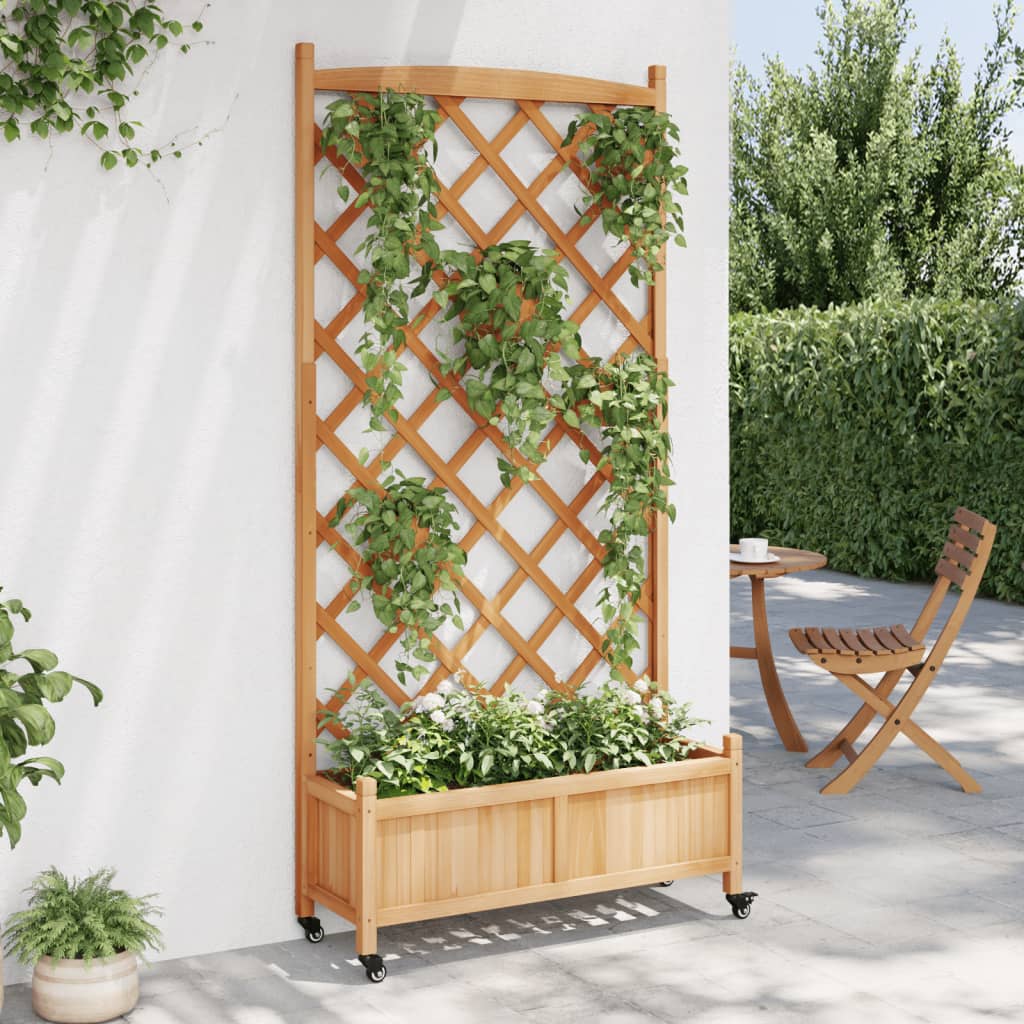 vidaXL Planter with Trellis and Wheels Brown Solid Wood Fir-2