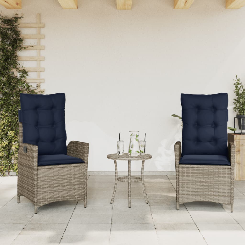 vidaXL 3 Piece Bistro Set with Cushions Gray Poly Rattan-2