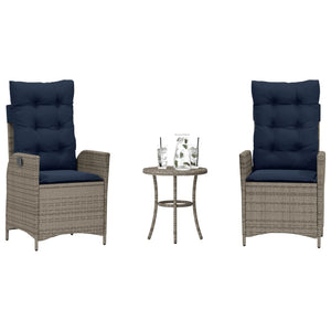 vidaXL 3 Piece Bistro Set with Cushions Gray Poly Rattan-0