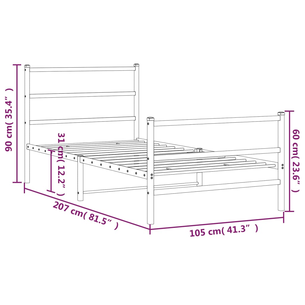 vidaXL Metal Bed Frame with Headboard and Footboard White 39.4"x78.7"-7