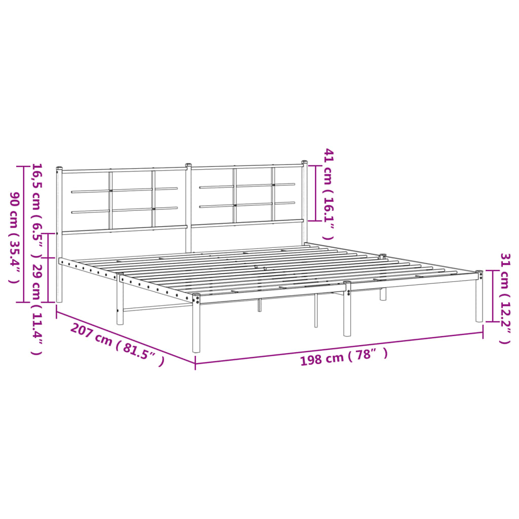 vidaXL Metal Bed Frame with Headboard Black 76"x79.9" King-7