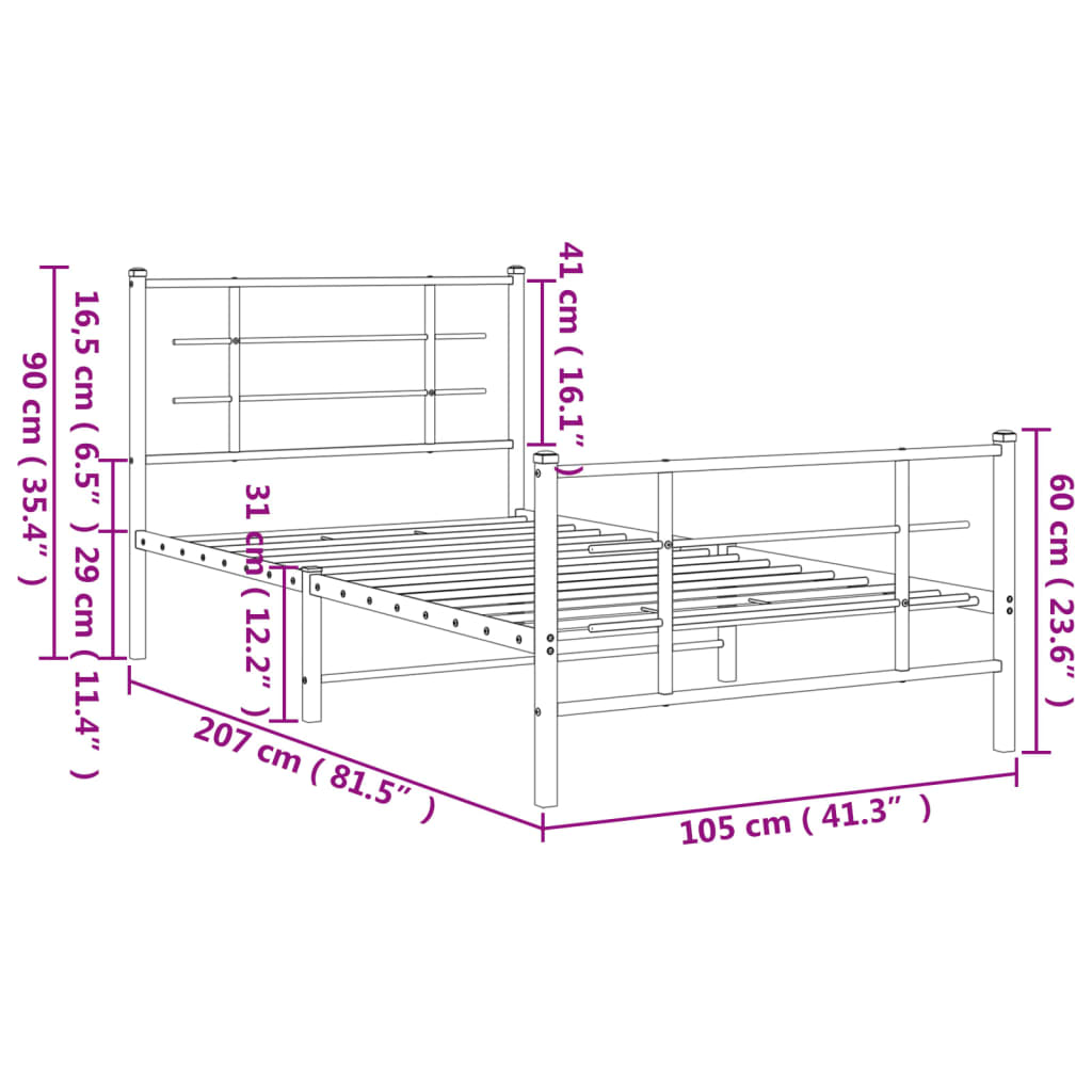 vidaXL Metal Bed Frame with Headboard and Footboard Black 39.4"x78.7"-7