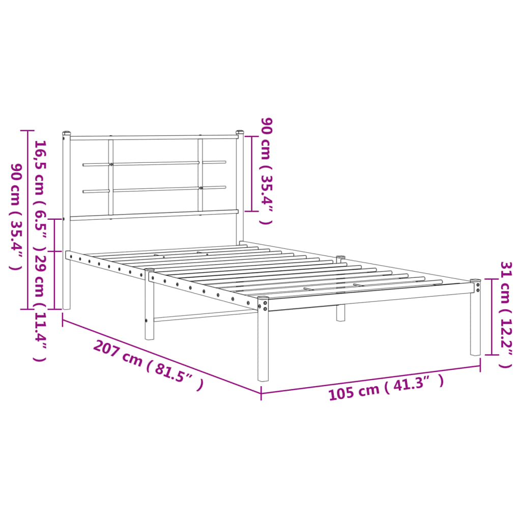 vidaXL Metal Bed Frame with Headboard White 39.4"x78.7"-7