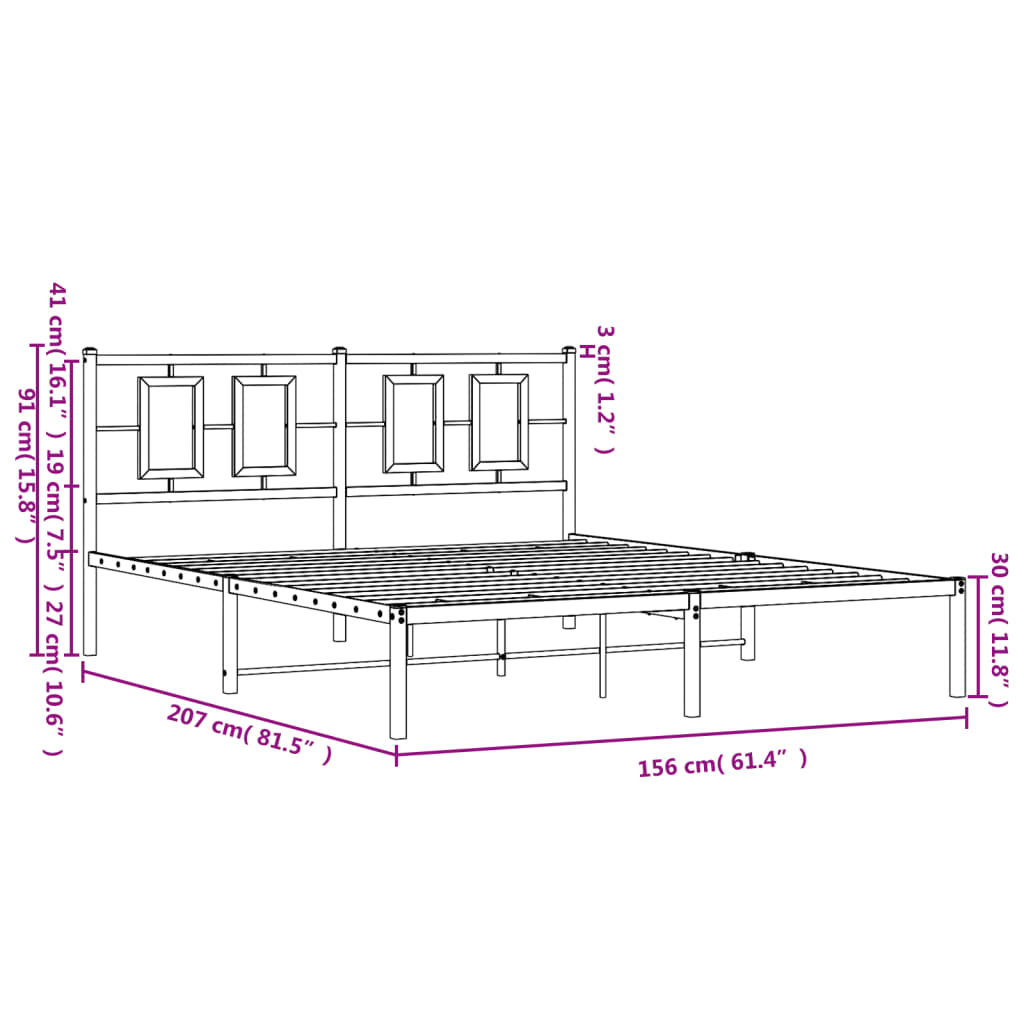 vidaXL Metal Bed Frame with Headboard Black 59.1"x78.7"-9