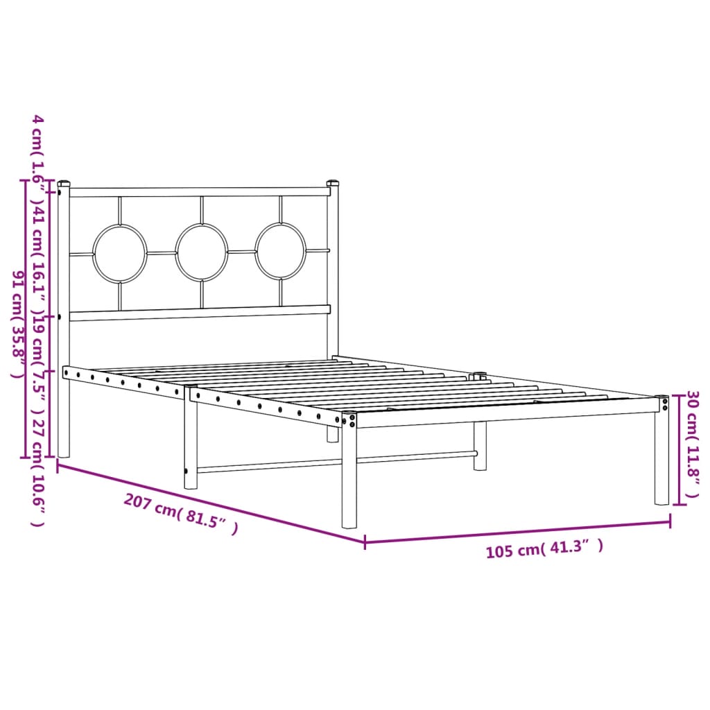 vidaXL Metal Bed Frame with Headboard Black 39.4"x78.7"-7