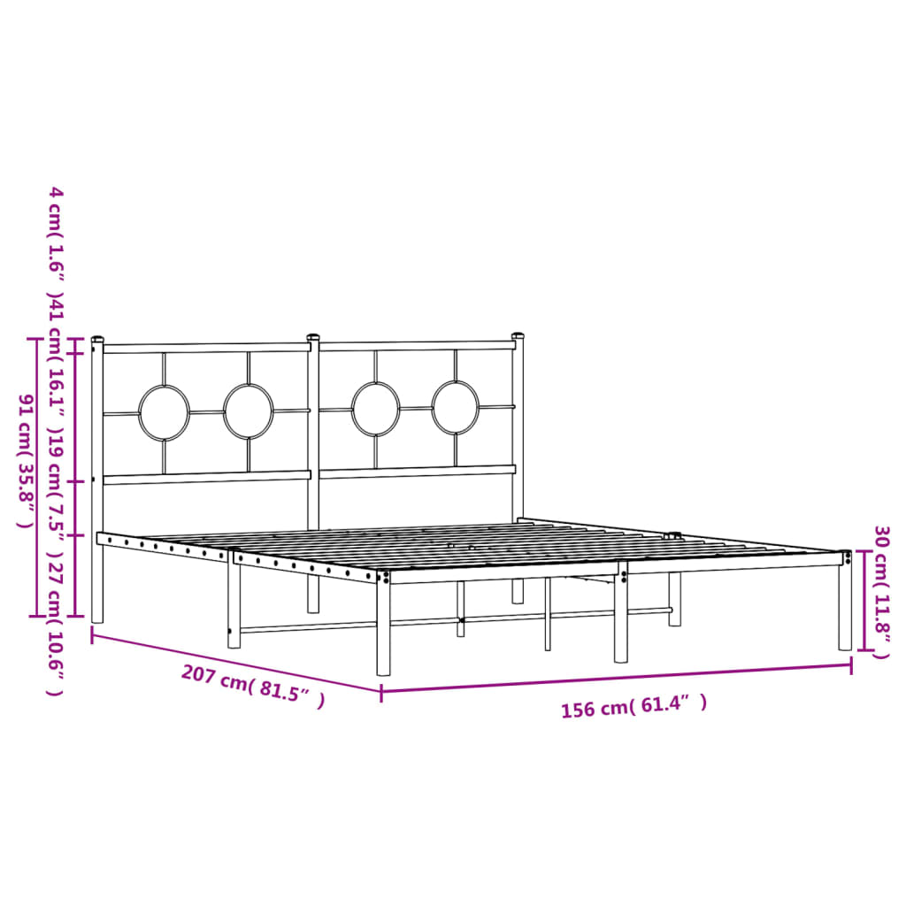 vidaXL Metal Bed Frame with Headboard Black 59.1"x78.7"-7