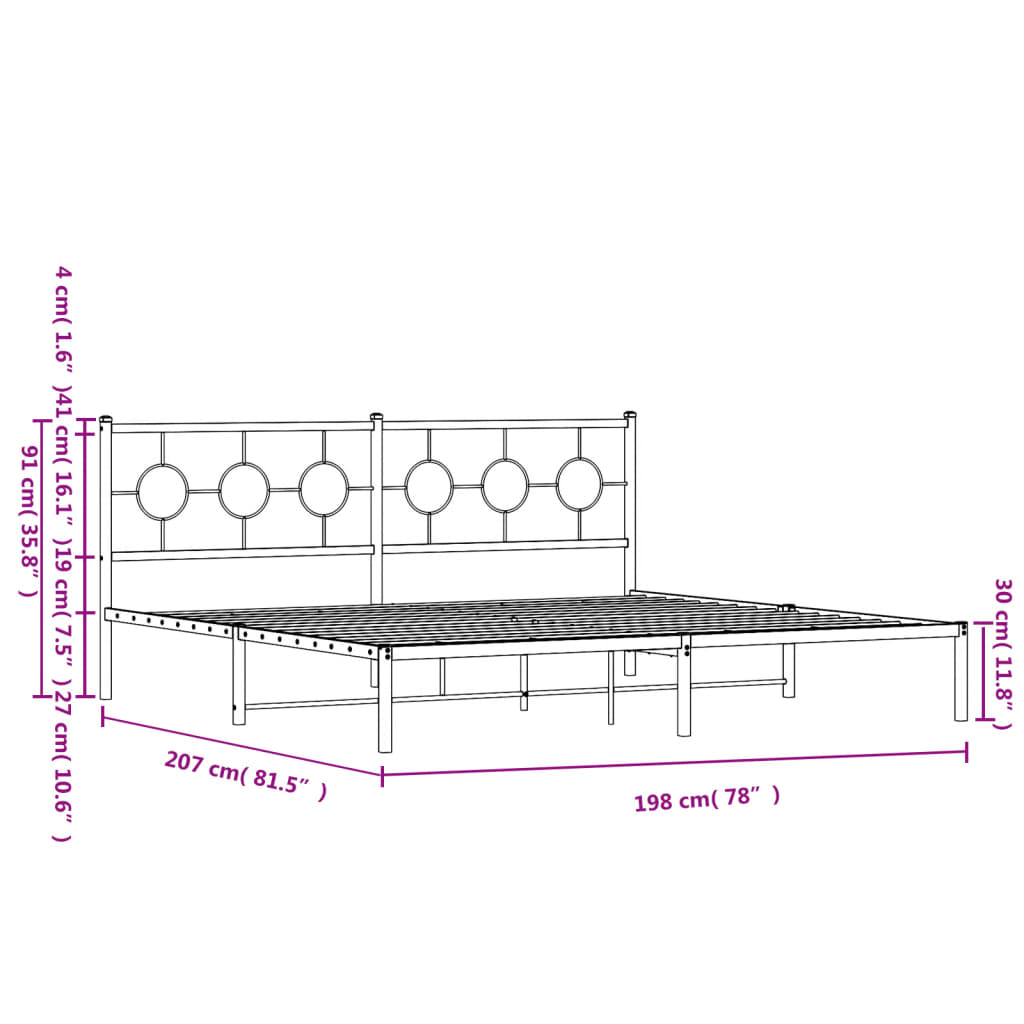 vidaXL Metal Bed Frame with Headboard Black 76"x79.9" King-7