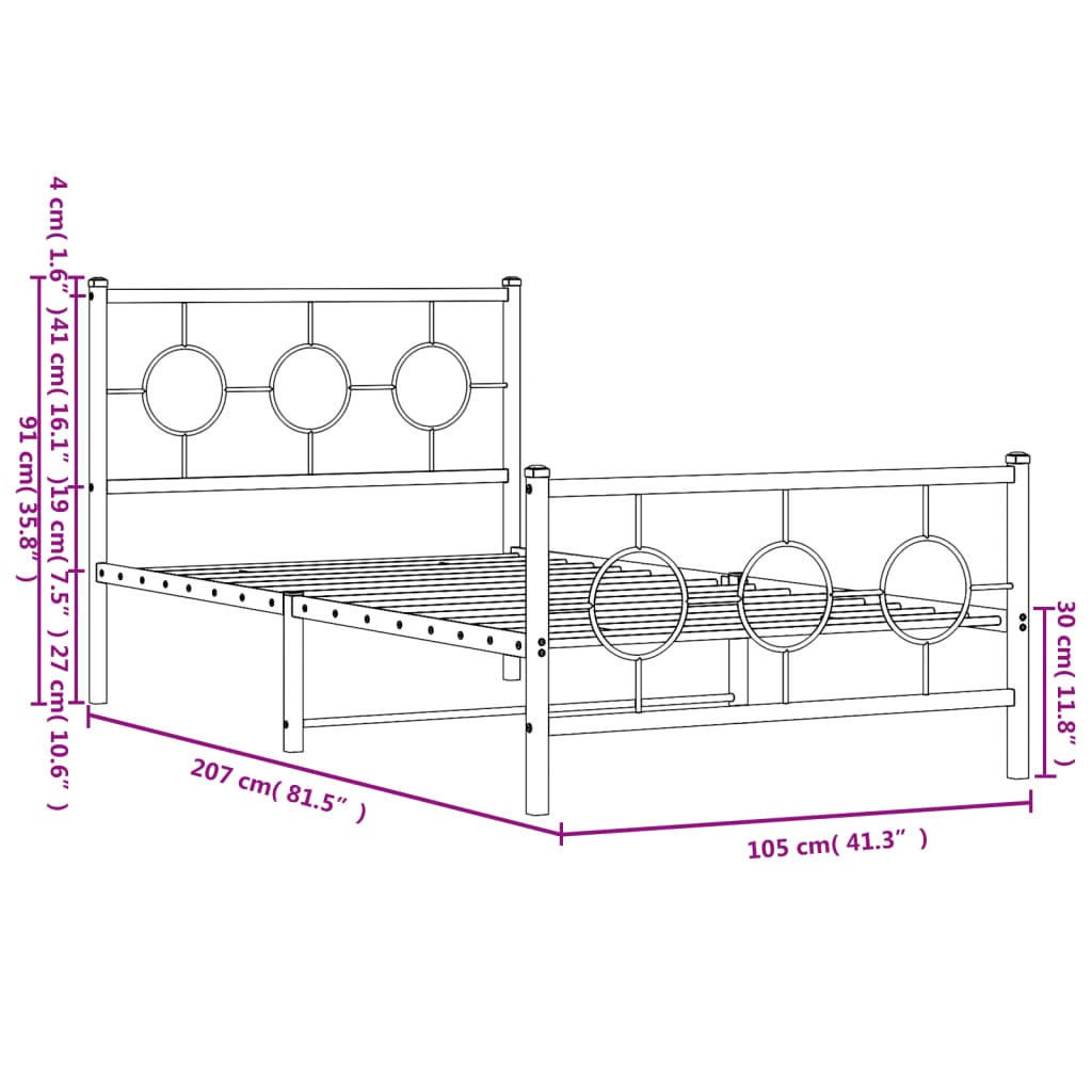 vidaXL Metal Bed Frame with Headboard and Footboard Black 39.4"x78.7"-7