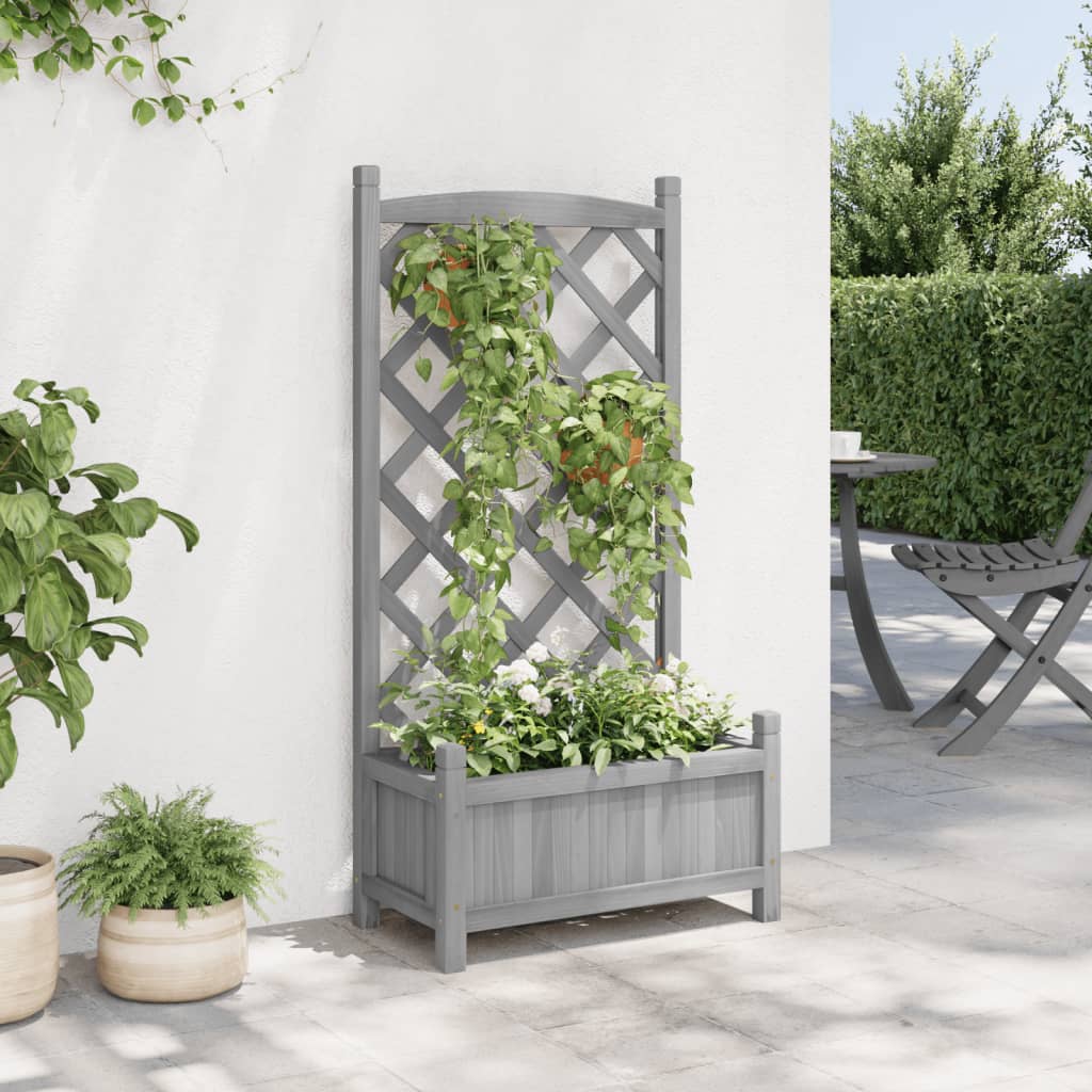 vidaXL Planter with Trellis Gray Solid Wood Fir-2