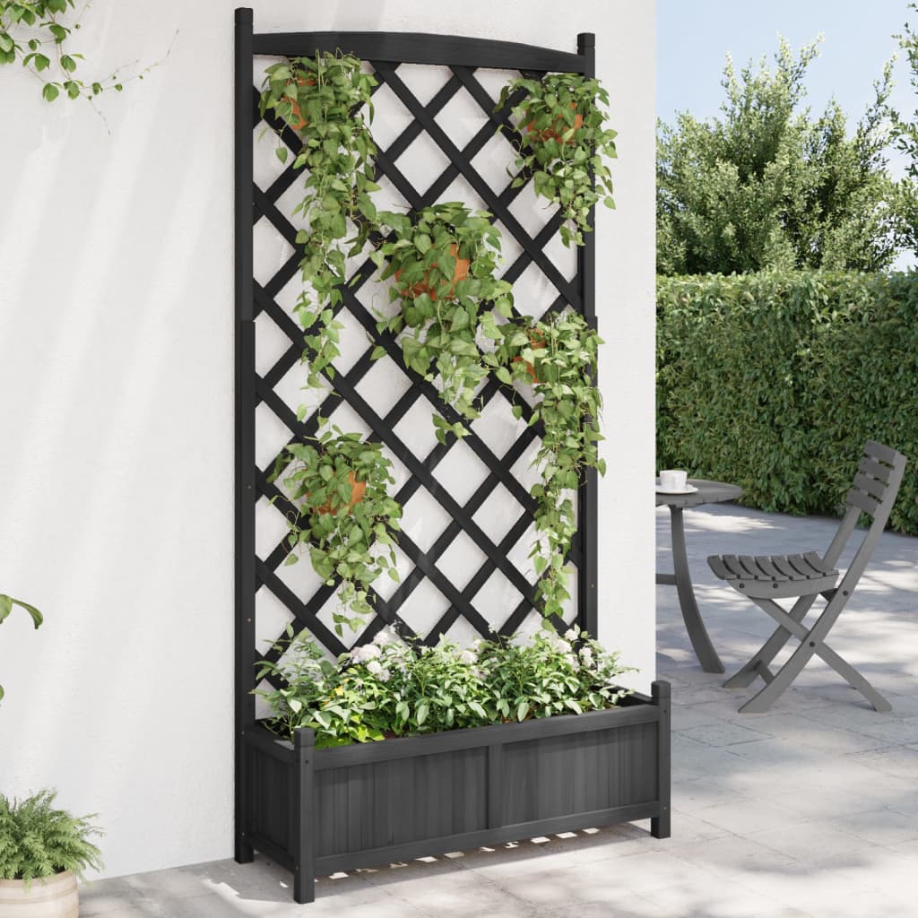 vidaXL Planter with Trellis Black Solid Wood Fir-0