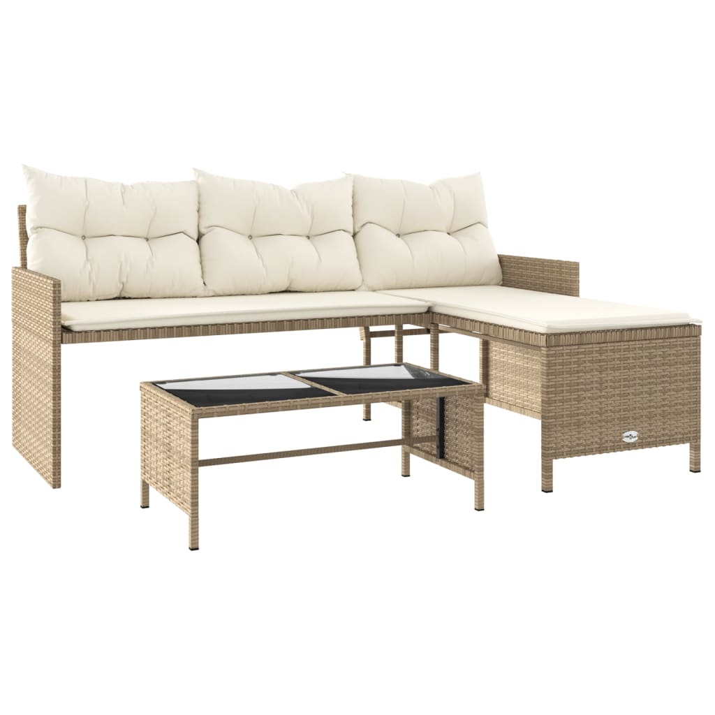 vidaXL Patio Sofa with Table and Cushions L-Shaped Beige Poly Rattan-3