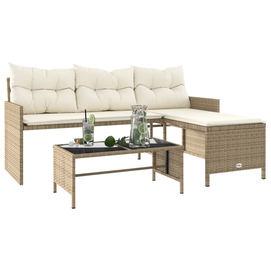 vidaXL Patio Sofa with Table and Cushions L-Shaped Beige Poly Rattan-14