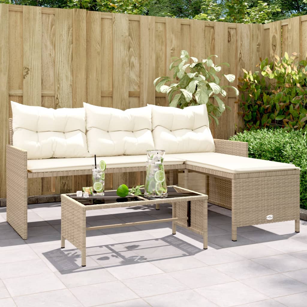 vidaXL Patio Sofa with Table and Cushions L-Shaped Beige Poly Rattan-7