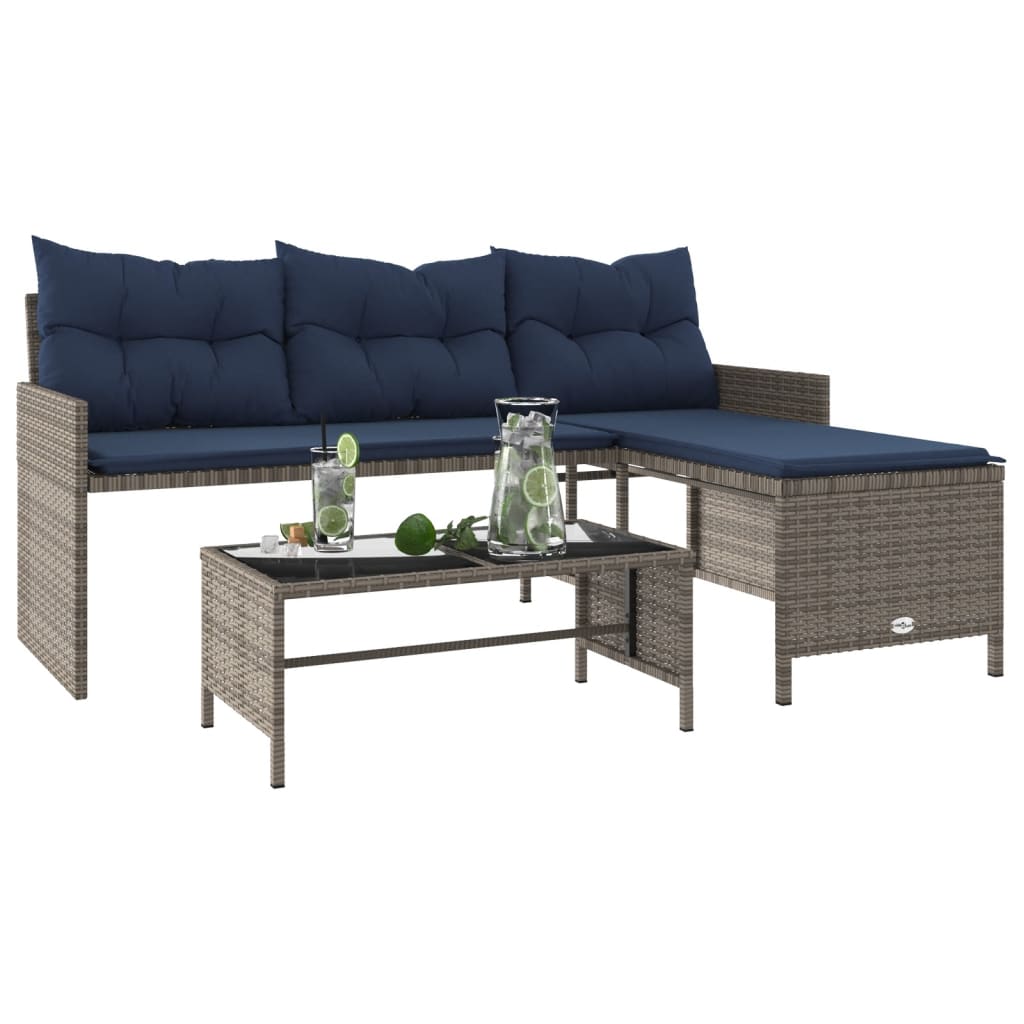 vidaXL Patio Sofa with Table and Cushions L-Shaped Black Poly Rattan-9