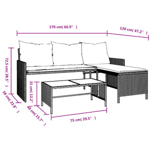 vidaXL Patio Sofa with Table and Cushions L-Shaped Black Poly Rattan-3