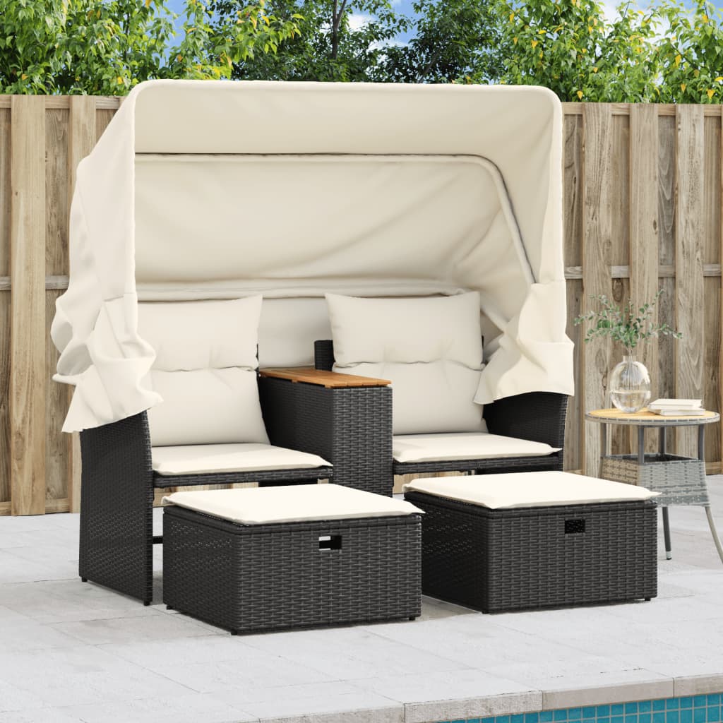 vidaXL Patio Sofa 2-Seater with Canopy and Stools Black Poly Rattan-2