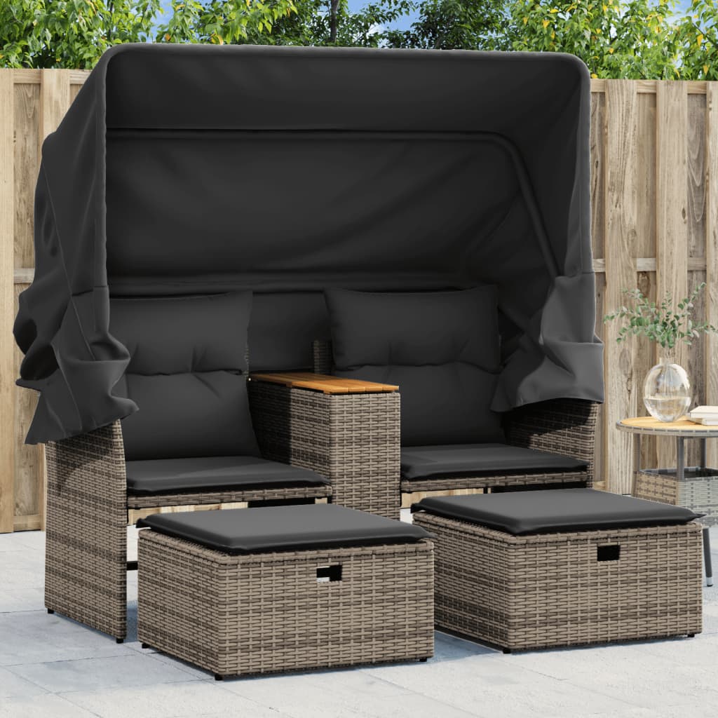 vidaXL Patio Sofa 2-Seater with Canopy and Stools Gray Poly Rattan-0