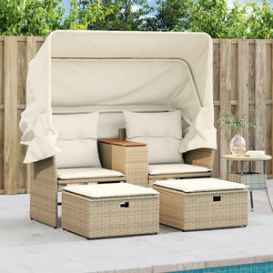 vidaXL Patio Sofa 2-Seater with Canopy and Stools Beige Poly Rattan-1