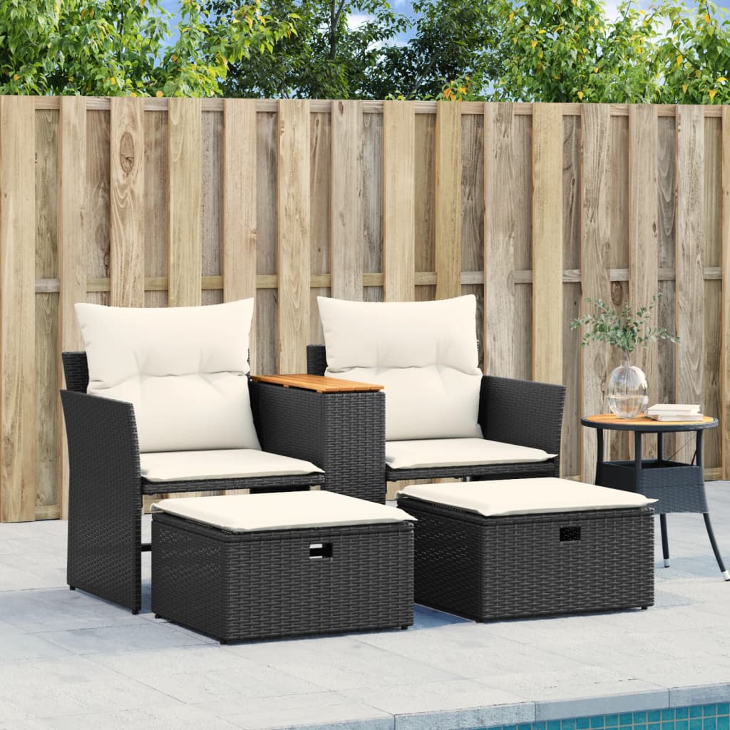 vidaXL Patio Sofa 2-Seater with Stools Black Poly Rattan-1